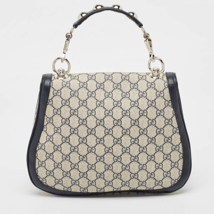 Pre Owned Gucci Navy Blue/Beige GG Supreme Canvas and Leather Blondie Top Handle Bag