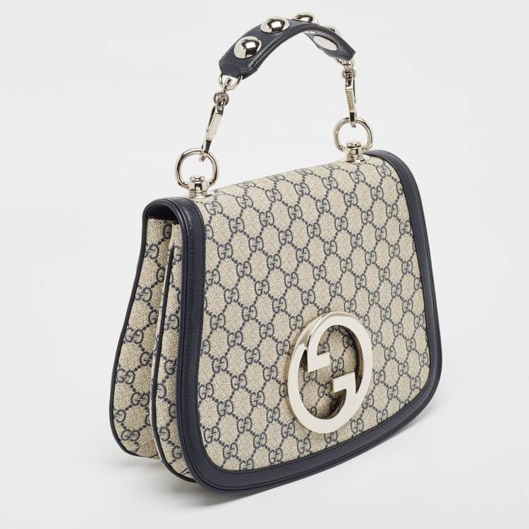 Pre Owned Gucci Navy Blue/Beige GG Supreme Canvas and Leather Blondie Top Handle Bag