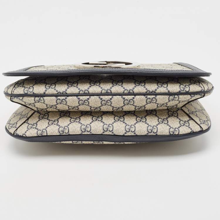 Pre Owned Gucci Navy Blue/Beige GG Supreme Canvas and Leather Blondie Top Handle Bag