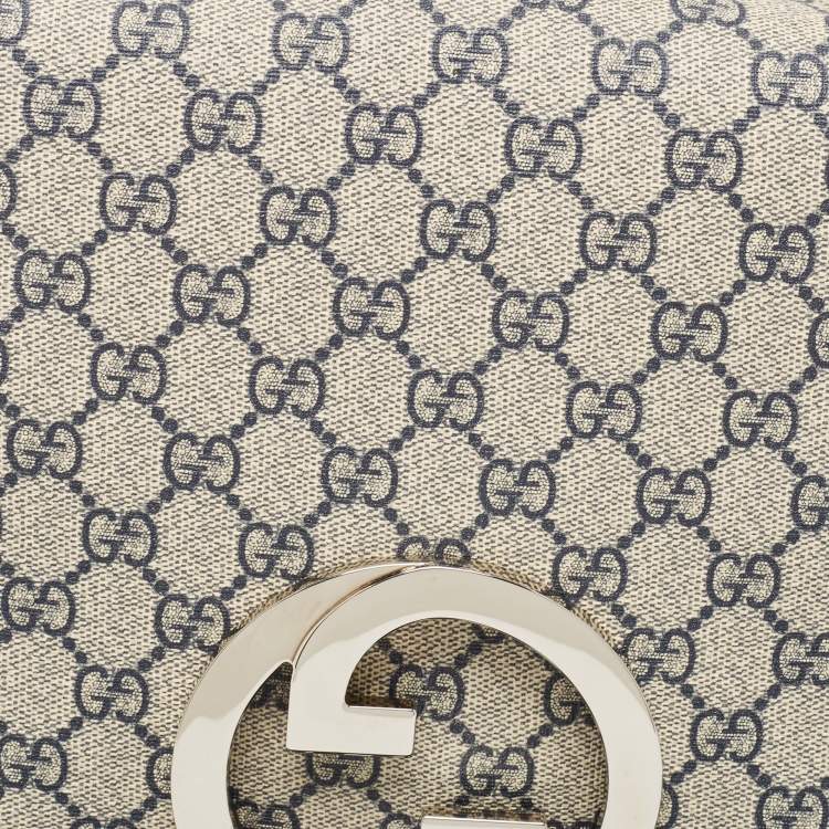 Pre Owned Gucci Navy Blue/Beige GG Supreme Canvas and Leather Blondie Top Handle Bag