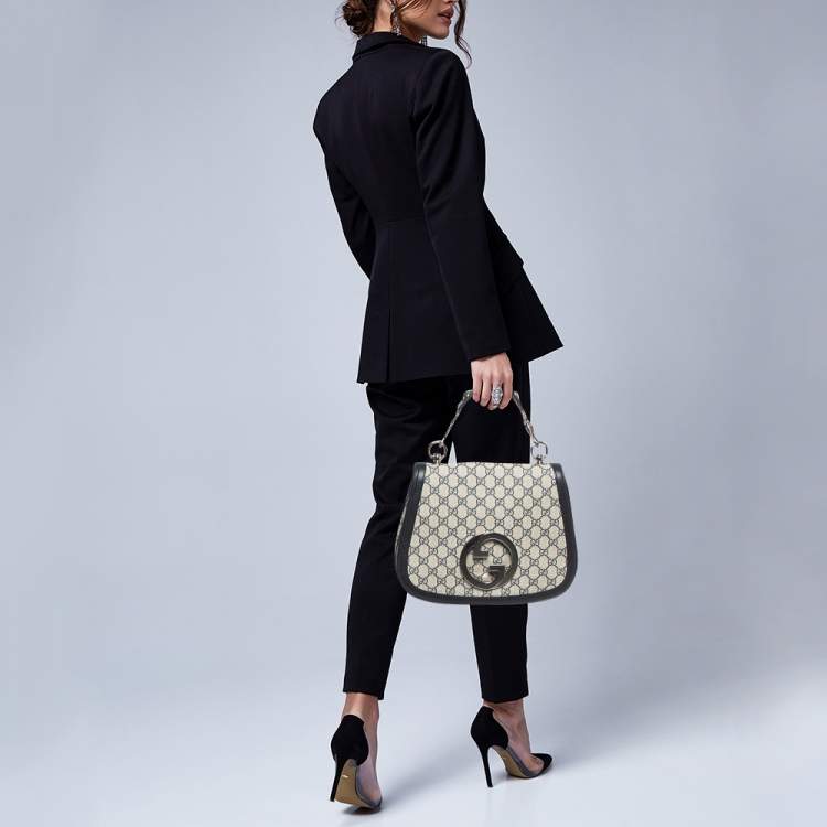 Pre Owned Gucci Navy Blue/Beige GG Supreme Canvas and Leather Blondie Top Handle Bag