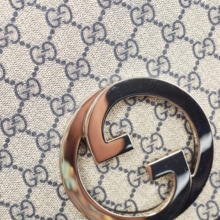 Pre Owned Gucci Navy Blue/Beige GG Supreme Canvas and Leather Blondie Top Handle Bag