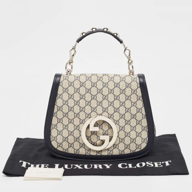 Pre Owned Gucci Navy Blue/Beige GG Supreme Canvas and Leather Blondie Top Handle Bag