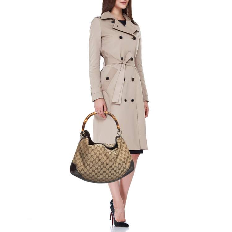 Pre Owned Gucci Beige/Ebony GG Canvas and Leather Bamboo Shoulder Bag