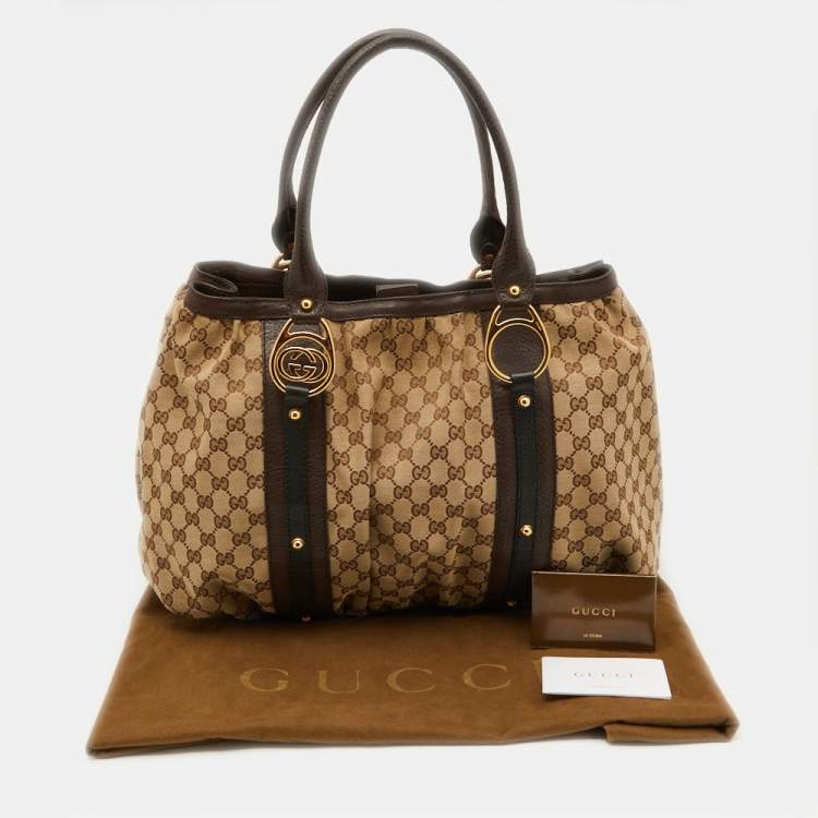 Pre Owned Gucci Beige/Ebony GG Canvas and Leather Interlocking G Large Tote