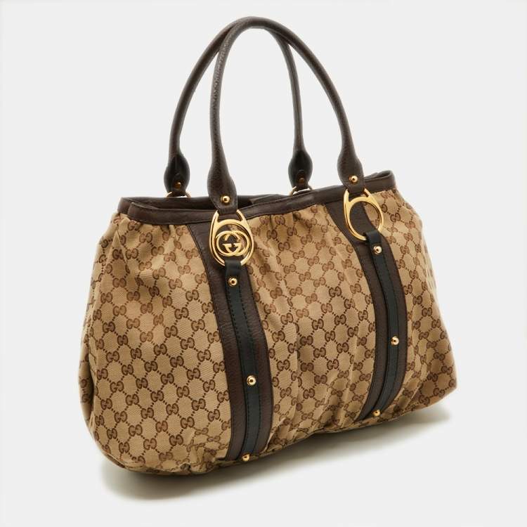 Pre Owned Gucci Beige/Ebony GG Canvas and Leather Interlocking G Large Tote