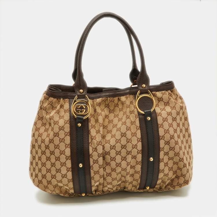 Pre Owned Gucci Beige/Ebony GG Canvas and Leather Interlocking G Large Tote
