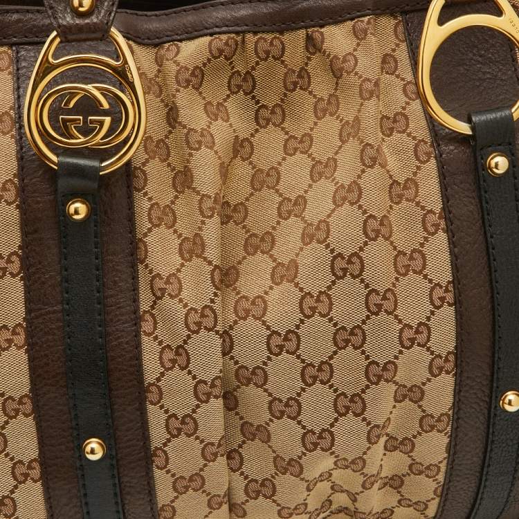 Pre Owned Gucci Beige/Ebony GG Canvas and Leather Interlocking G Large Tote