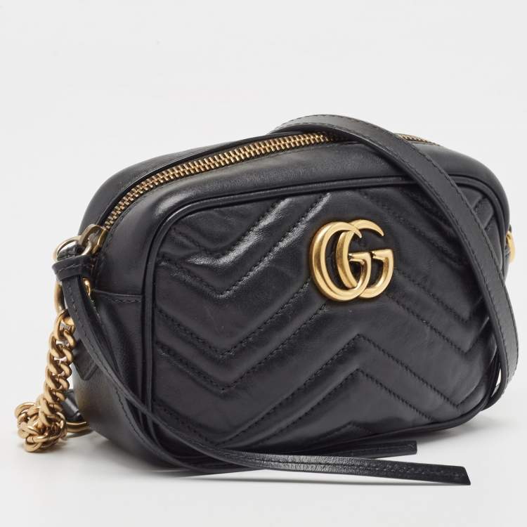 Pre Owned Gucci Black Matelasse Leather Mini GG Marmont Chain Shoulder Bag