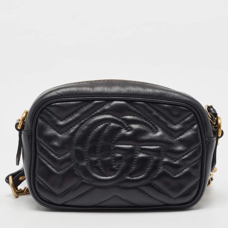 Pre Owned Gucci Black Matelasse Leather Mini GG Marmont Chain Shoulder Bag
