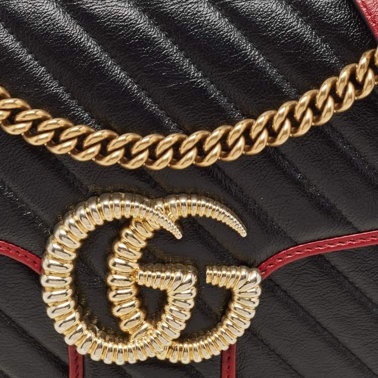 Pre Owned Gucci Black/Red Diagonal Quilt Leather Medium GG Marmont Torchon Shoulder Bag