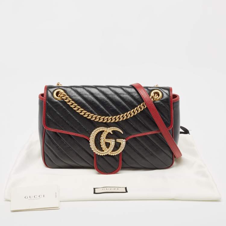 Pre Owned Gucci Black/Red Diagonal Quilt Leather Medium GG Marmont Torchon Shoulder Bag