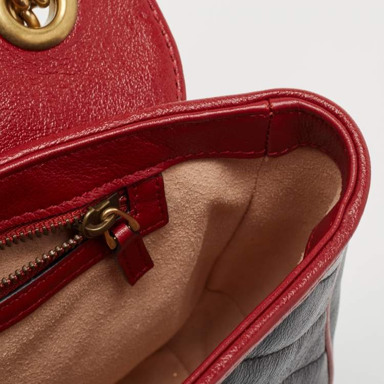 Pre Owned Gucci Black/Red Diagonal Quilt Leather Medium GG Marmont Torchon Shoulder Bag