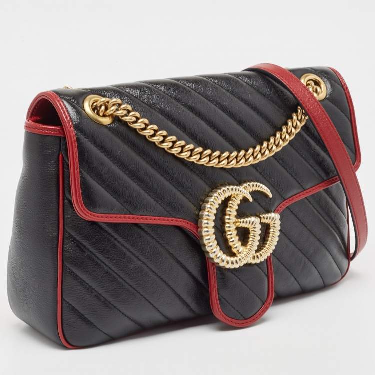 Pre Owned Gucci Black/Red Diagonal Quilt Leather Medium GG Marmont Torchon Shoulder Bag