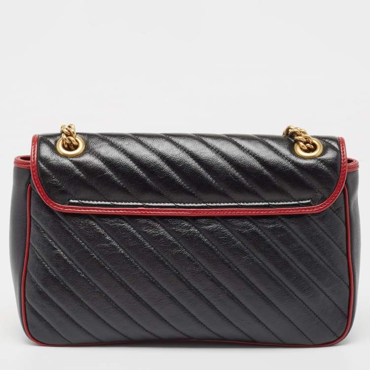 Pre Owned Gucci Black/Red Diagonal Quilt Leather Medium GG Marmont Torchon Shoulder Bag