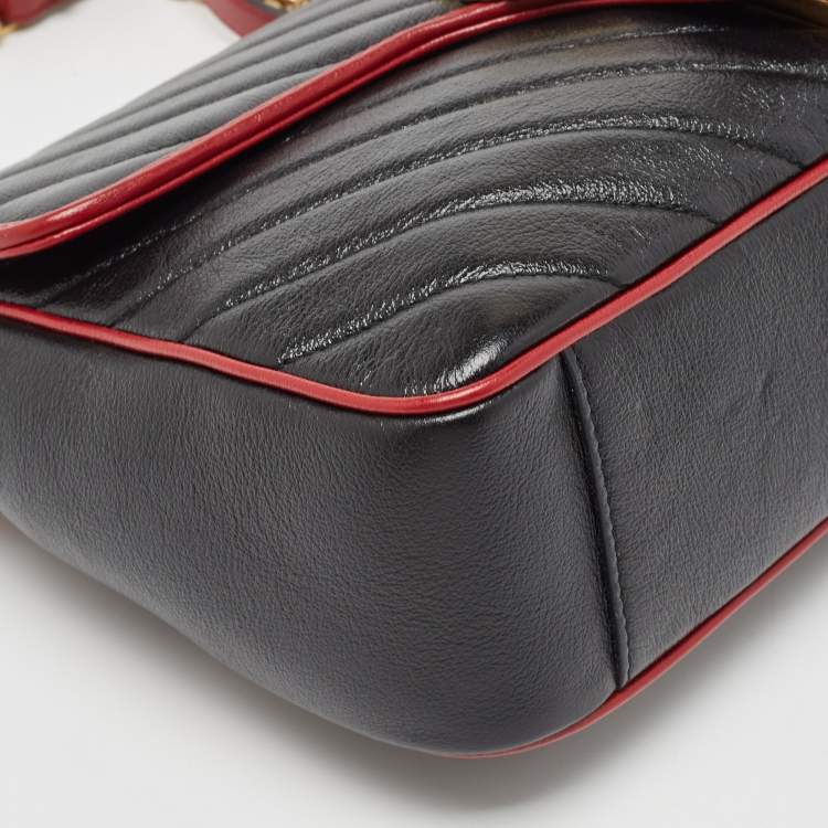 Pre Owned Gucci Black/Red Diagonal Quilt Leather Medium GG Marmont Torchon Shoulder Bag