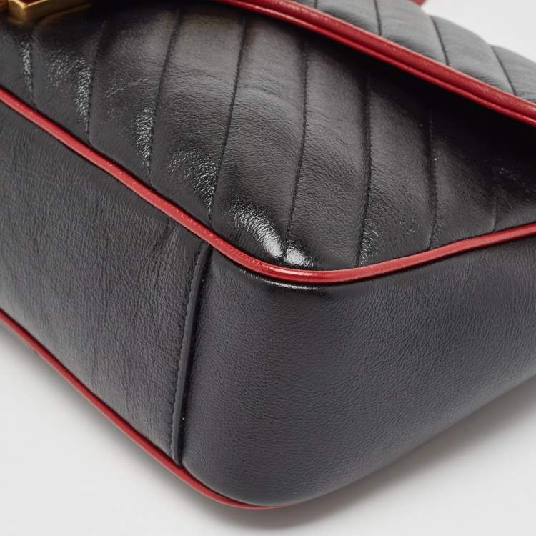 Pre Owned Gucci Black/Red Diagonal Quilt Leather Medium GG Marmont Torchon Shoulder Bag