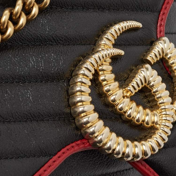 Pre Owned Gucci Black/Red Diagonal Quilt Leather Medium GG Marmont Torchon Shoulder Bag