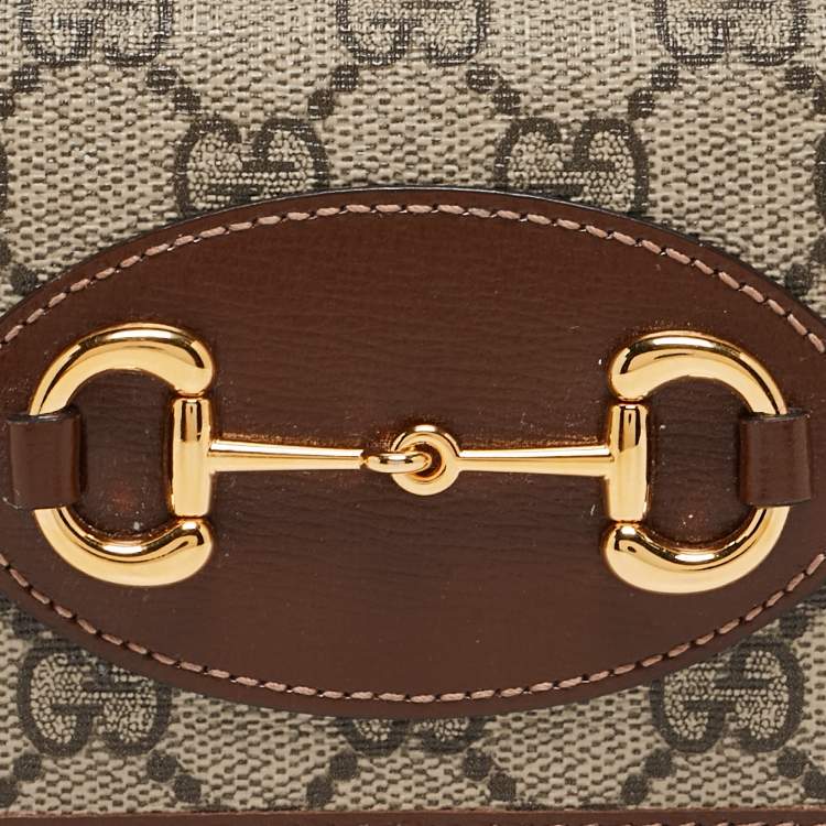 Pre Owned Gucci Brown/Beige GG Supreme Canvas and Leather Horsebit 1955 Flap Card Case