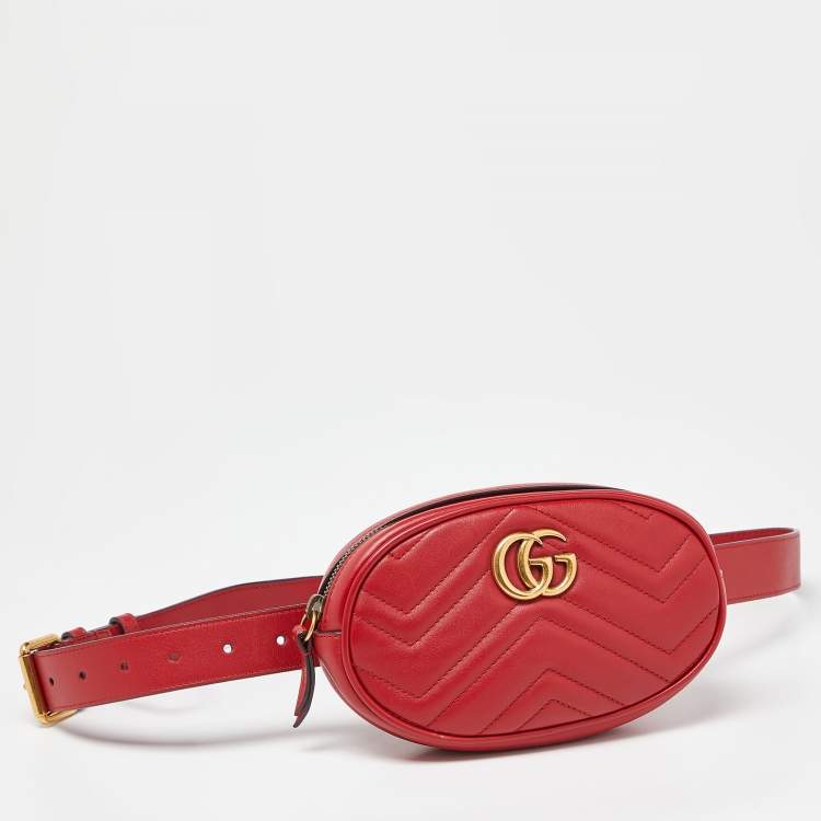 Pre Owned Gucci Red Matelassé Leather GG Marmont Belt Bag