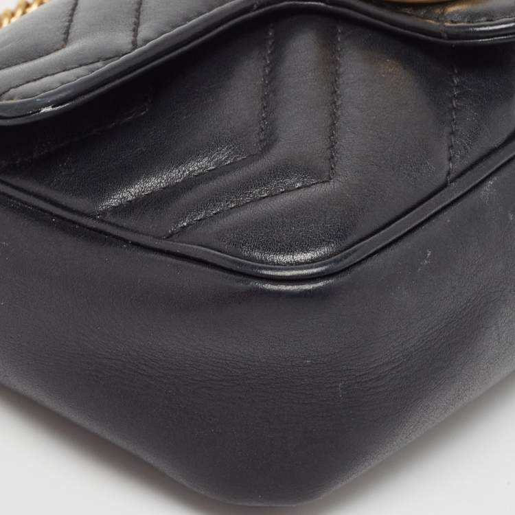 Pre Owned Gucci Black Matelassé Leather Super Mini GG Marmont Shoulder Bag