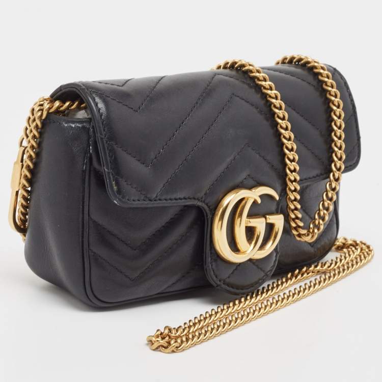 Pre Owned Gucci Black Matelassé Leather Super Mini GG Marmont Shoulder Bag