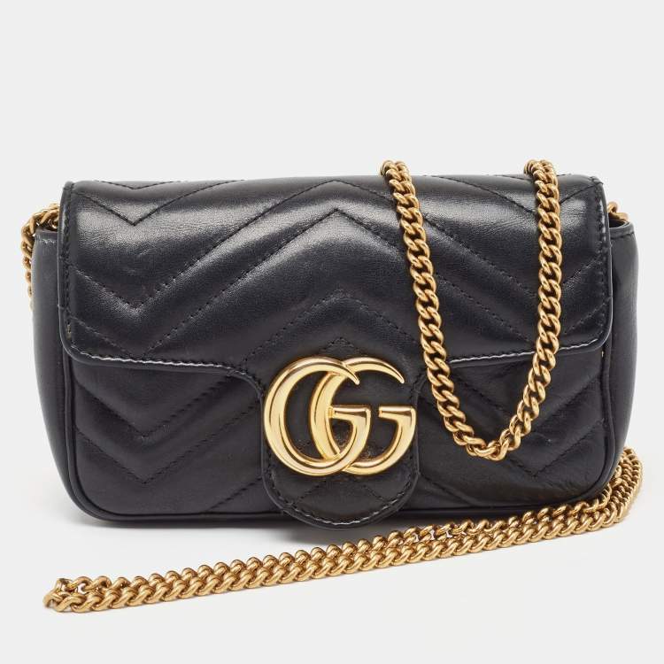 Pre Owned Gucci Black Matelassé Leather Super Mini GG Marmont Shoulder Bag
