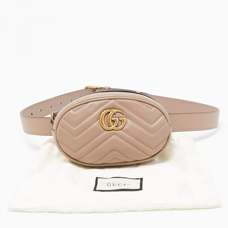 Pre Owned Gucci Beige Matelassé Leather GG Marmont Belt Bag 