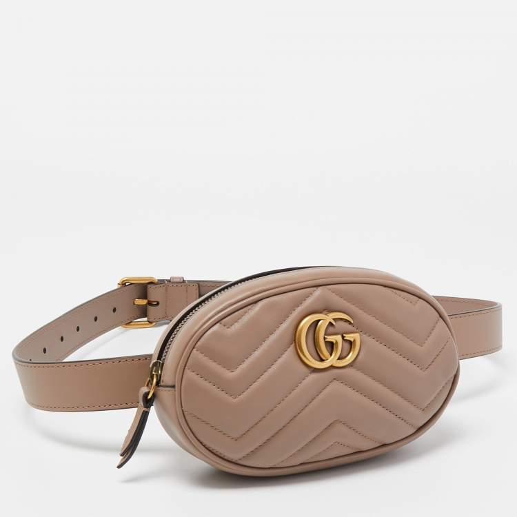 Pre Owned Gucci Beige Matelassé Leather GG Marmont Belt Bag 