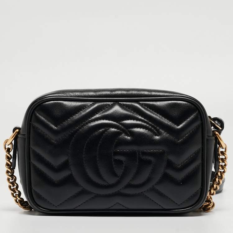 Pre Owned Gucci Black Matelassé Leather Mini GG Marmont Camera Bag