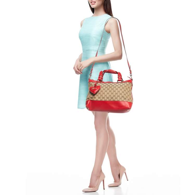 Pre Owned Gucci Red/Beige GG Canvas and Leather Valentine Tote