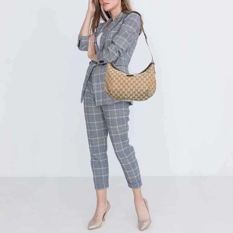 Pre Owned Gucci Beige/Brown GG Canvas and Leather Zip Hobo