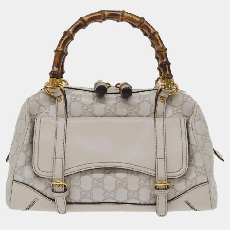 Gucci White Leather and GG Canvas Bamboo Top Handle Bag Gucci TLC