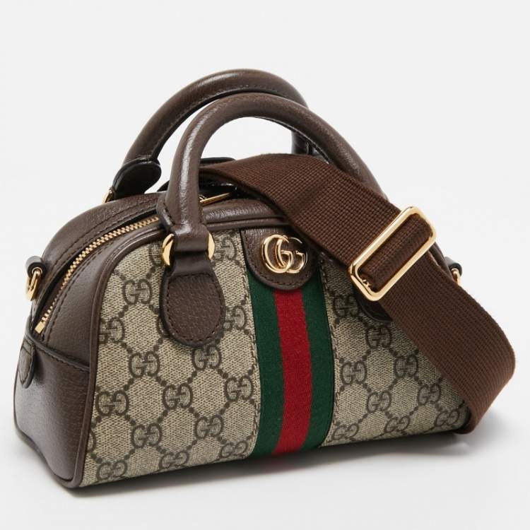 Pre Owned Gucci Beige/Brown GG Supreme Canvas and Leather Mini Ophidia Satchel