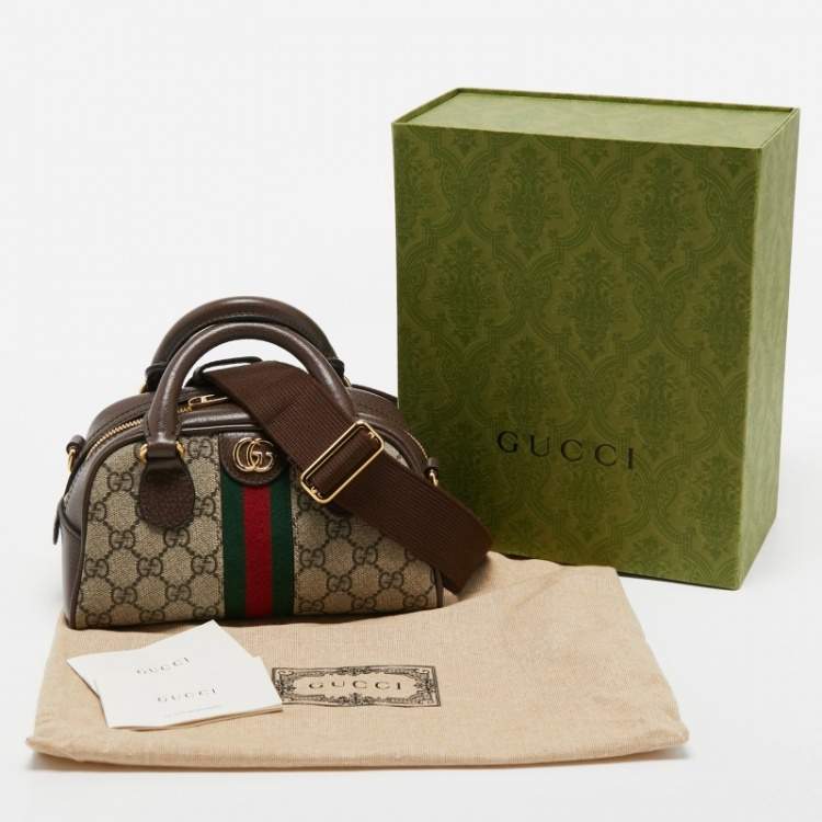 Pre Owned Gucci Beige/Brown GG Supreme Canvas and Leather Mini Ophidia Satchel