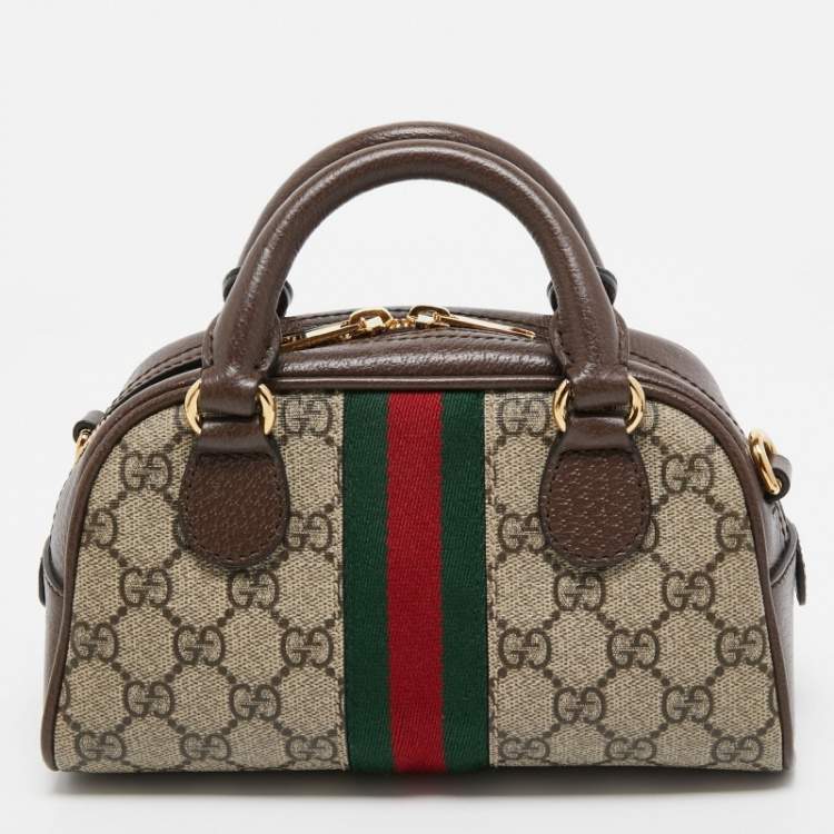 Pre Owned Gucci Beige/Brown GG Supreme Canvas and Leather Mini Ophidia Satchel