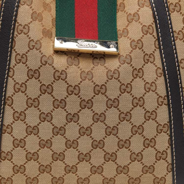 Pre Owned Gucci Beige/Black GG Canvas and Leather Medium New Ladies Web Tote  
