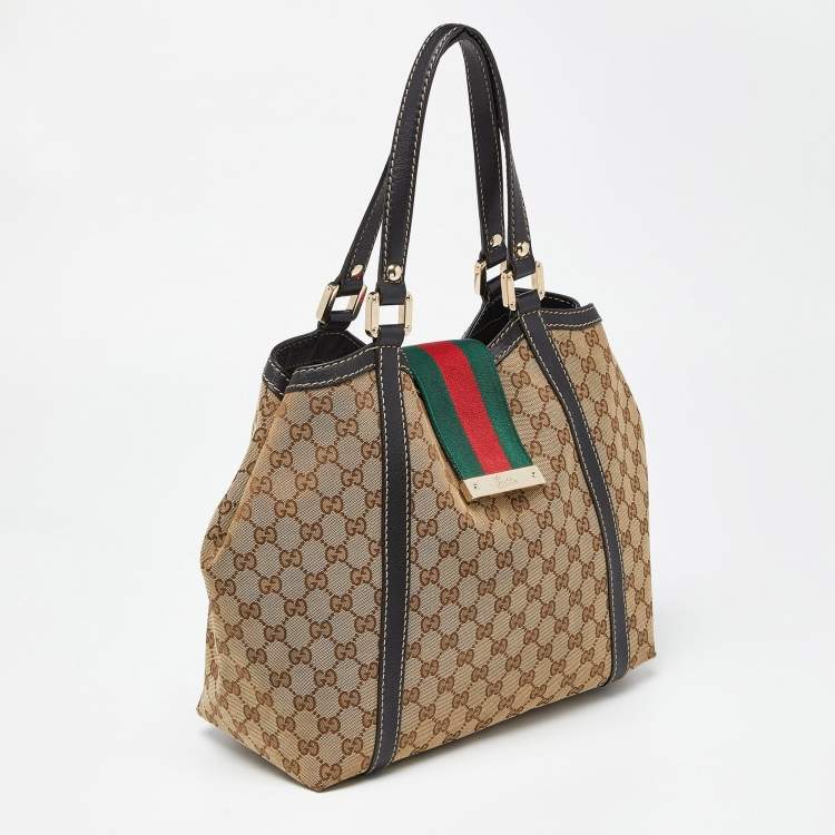 Pre Owned Gucci Beige/Black GG Canvas and Leather Medium New Ladies Web Tote  