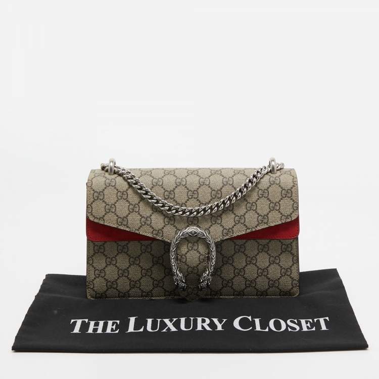 Pre Owned Gucci Red/Beige GG Supreme Canvas and Suede Small Dionysus Shoulder Bag