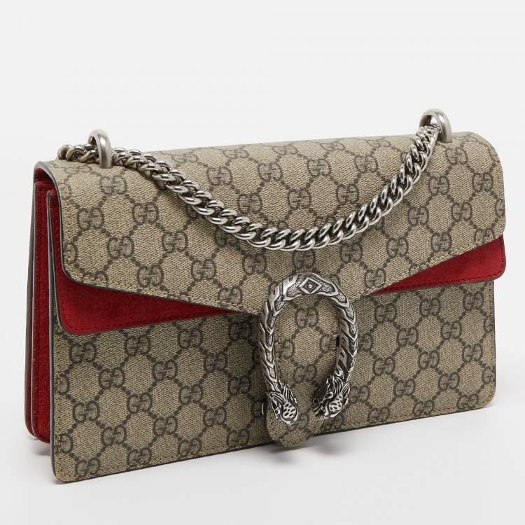 Pre Owned Gucci Red/Beige GG Supreme Canvas and Suede Small Dionysus Shoulder Bag