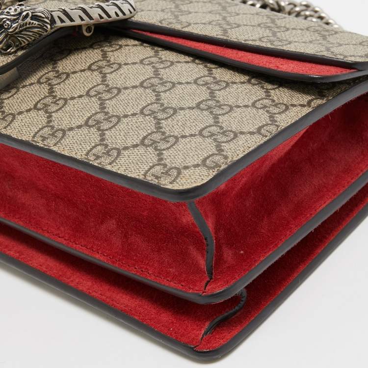 Pre Owned Gucci Red/Beige GG Supreme Canvas and Suede Small Dionysus Shoulder Bag