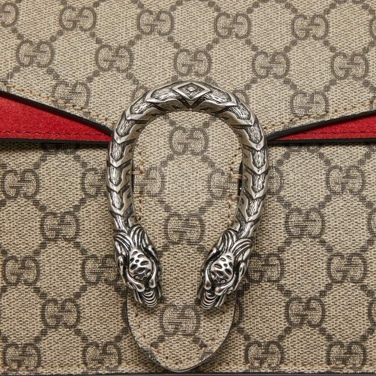 Pre Owned Gucci Red/Beige GG Supreme Canvas and Suede Small Dionysus Shoulder Bag