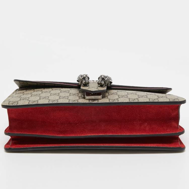Pre Owned Gucci Red/Beige GG Supreme Canvas and Suede Small Dionysus Shoulder Bag