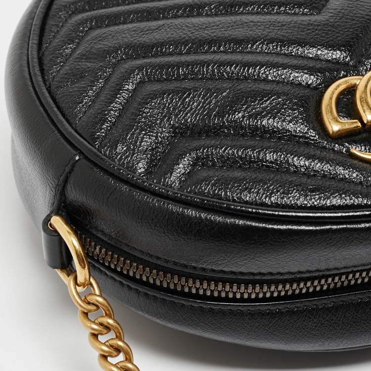 Pre Owned Gucci Black Matelassé Leather Mini GG Marmont Round Crossbody Bag