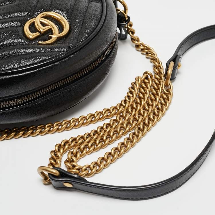 Pre Owned Gucci Black Matelassé Leather Mini GG Marmont Round Crossbody Bag