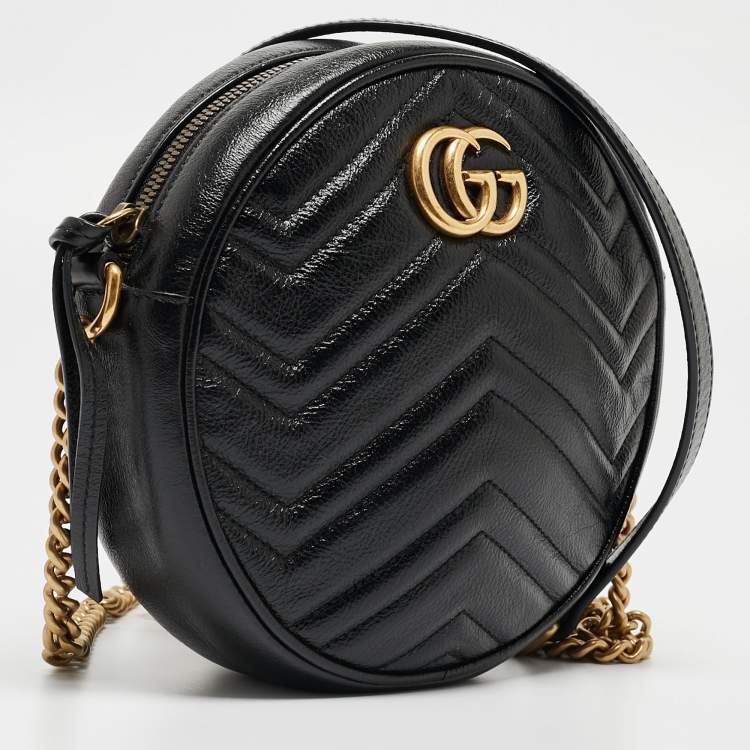 Pre Owned Gucci Black Matelassé Leather Mini GG Marmont Round Crossbody Bag