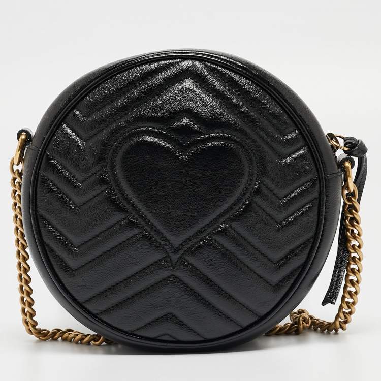 Pre Owned Gucci Black Matelassé Leather Mini GG Marmont Round Crossbody Bag
