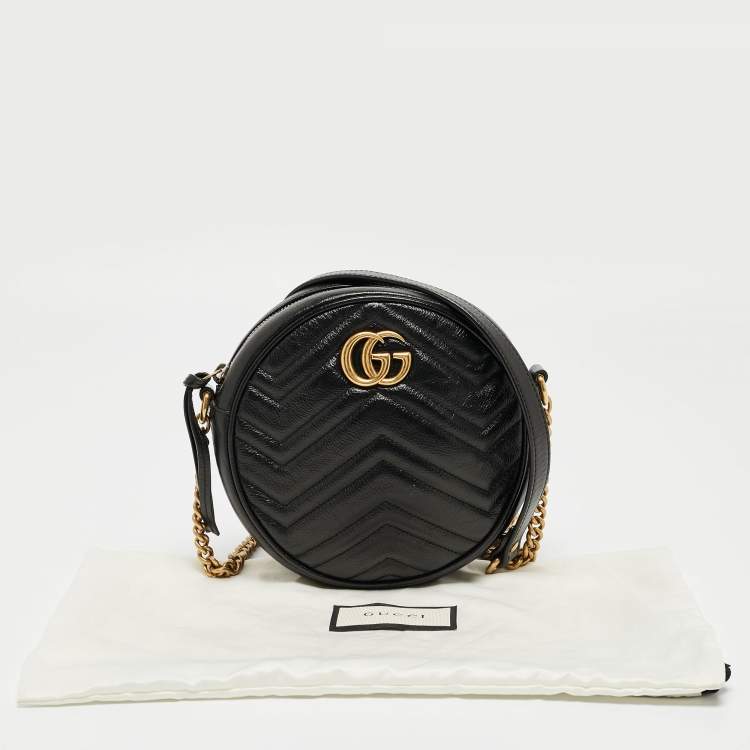 Pre Owned Gucci Black Matelassé Leather Mini GG Marmont Round Crossbody Bag