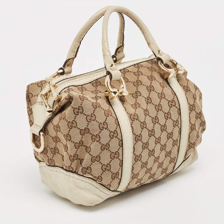 Pre Owned Gucci Beige/Off White GG Canvas and Leather Equestrian Horseshoe Satchel