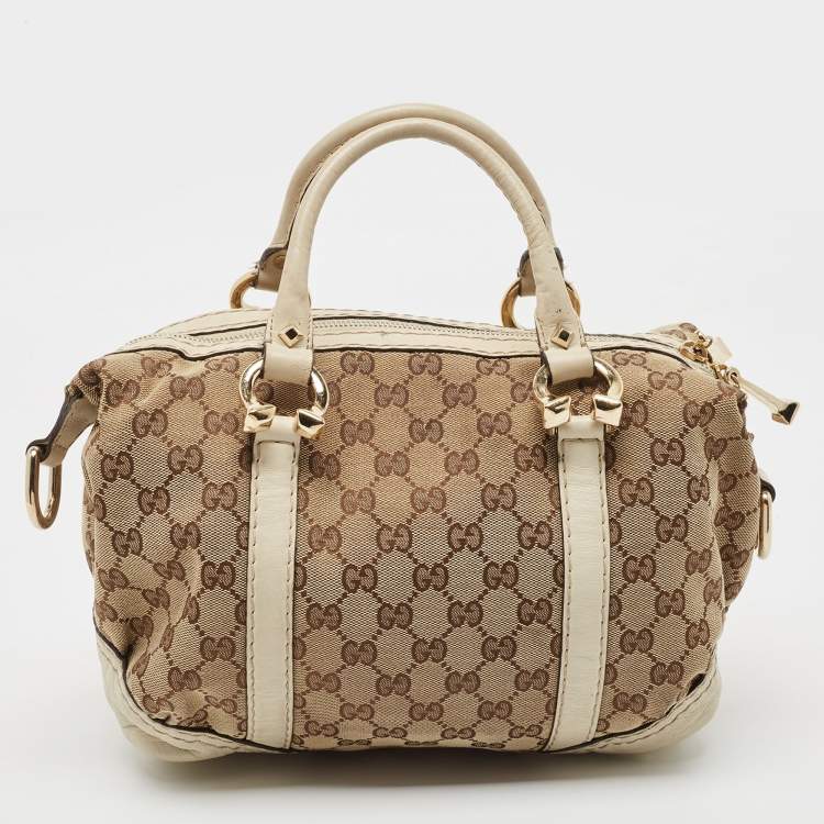 Pre Owned Gucci Beige/Off White GG Canvas and Leather Equestrian Horseshoe Satchel